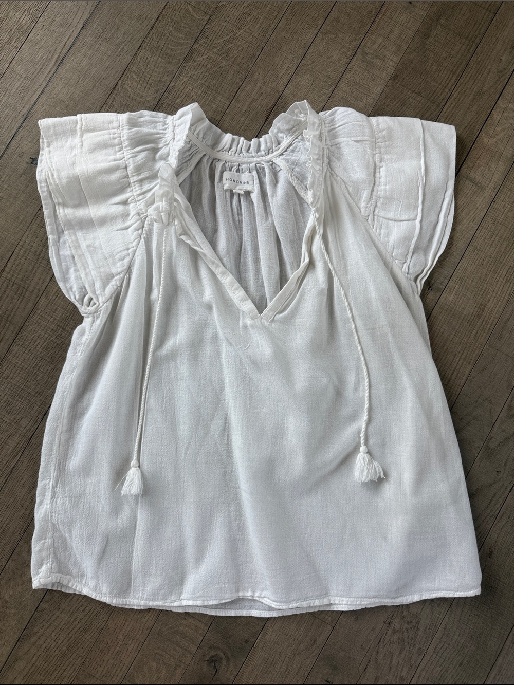 Honorine White Gauze Peasant Blouse with Tassel Ties